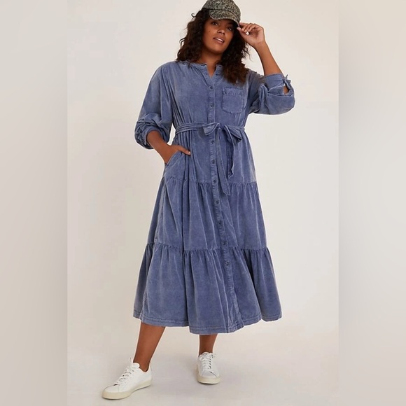 Pilcro Anthropologie Marta tiered navy corduroy button down maxi dress 1X - Picture 2 of 10